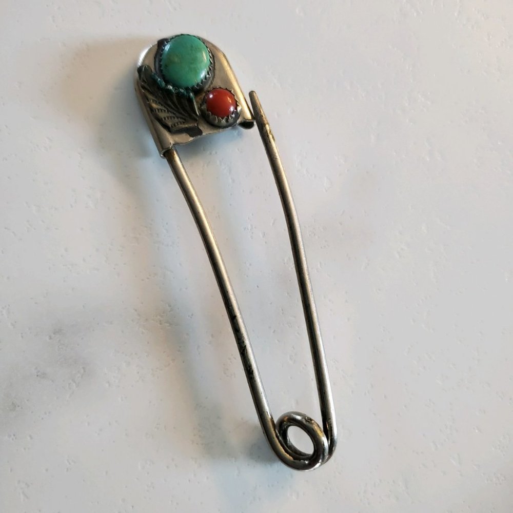 Large Vintage Native American Turquoise Safety Pin Brooch